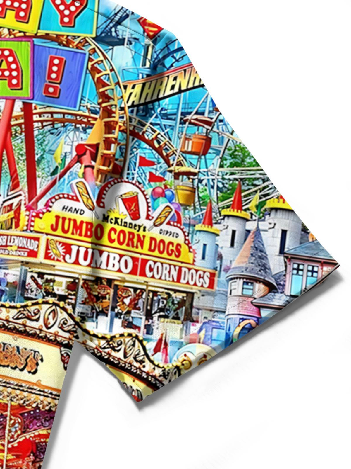 Amusement Park Print Men's Pocket Short Sleeve Shirts