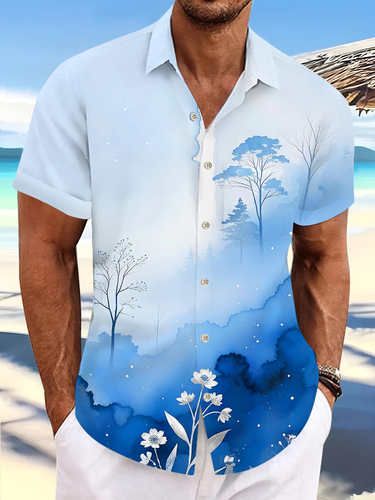 men's blue watercolor print shirt front view