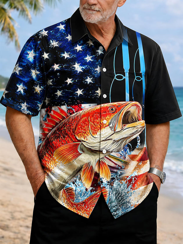 American Independence Day Red Fish Fishing Rod Fishing Men's Pocket Short Sleeve Shirts