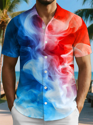 men's blue art print shirt front view