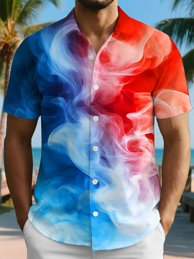 men's blue art print shirt front view
