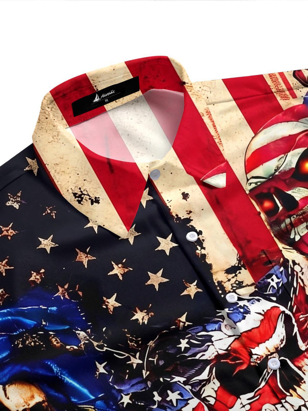 Dark American Flag Skull Independence Day Men's Pocket Short Sleeve Shirts