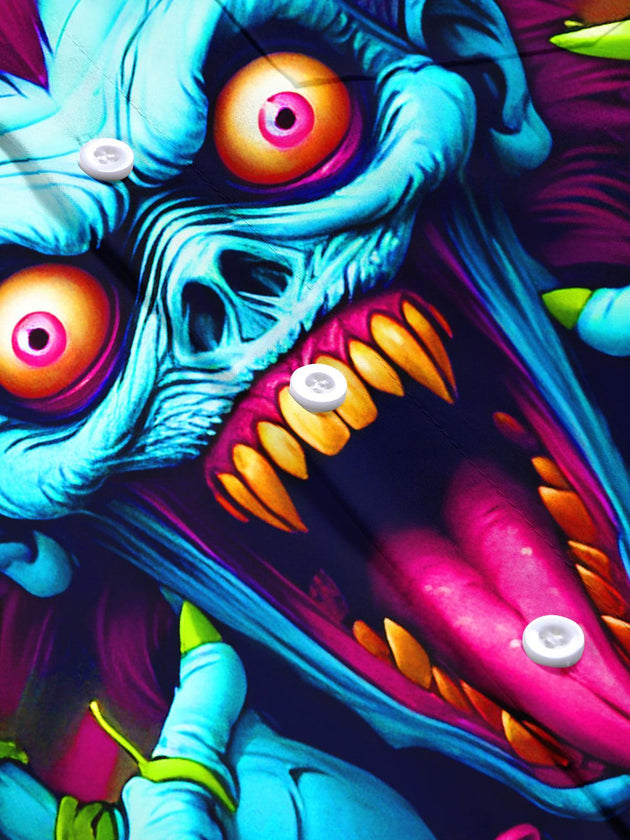 Men's dark neon graffiti horror clown Joker pattern short sleeve shirt flat lay view