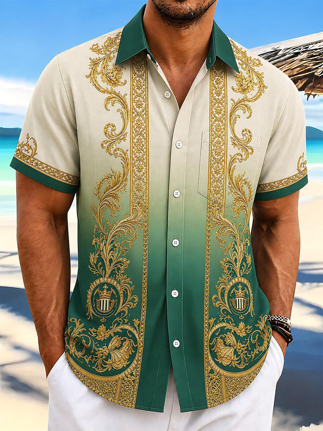 Green Gold Gradient Baroque Pattern Men's Pocket Short Sleeve Shirts