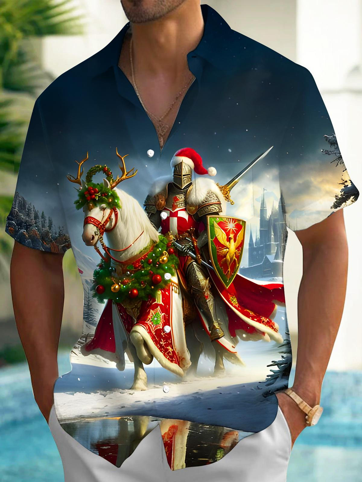 Christmas Knight General On Horseback Xmas Men's Pocket Short Sleeve Shirts
