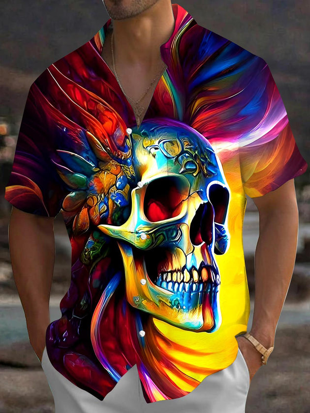 Men's Dark Skull Print Short Sleeve Shirt Front View