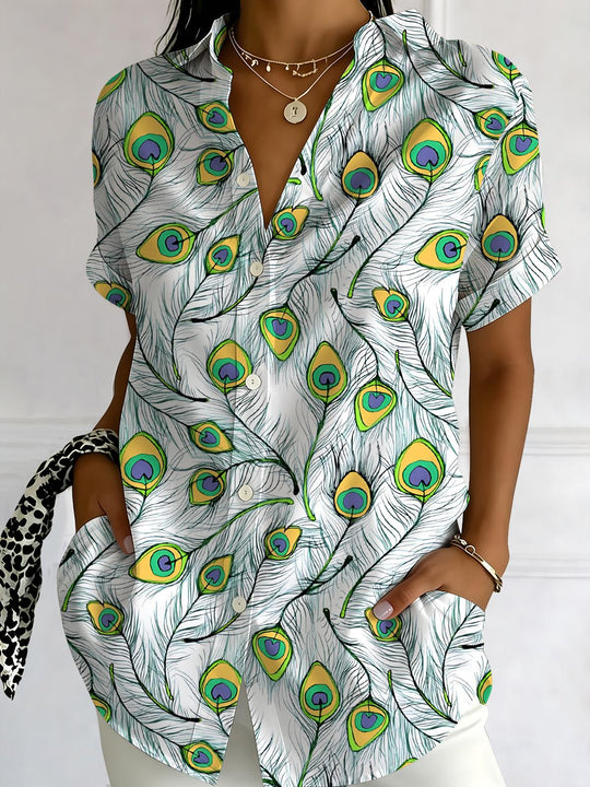 Peacock Feather Print Women's Short Sleeve Shirts