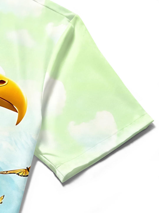 Men's eagle landscape print short sleeve shirt close-up detail of fabric texture