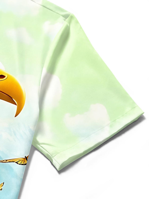 Men's eagle landscape print short sleeve shirt close-up detail of fabric texture