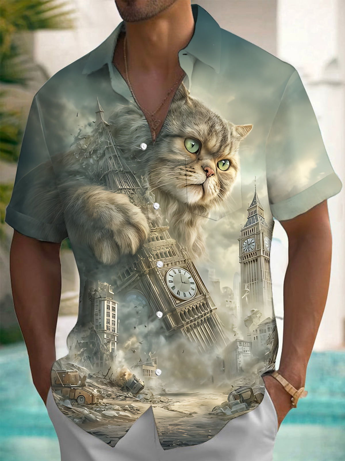 Cat Big Ben Print Men's Pocket Short Sleeve Shirts