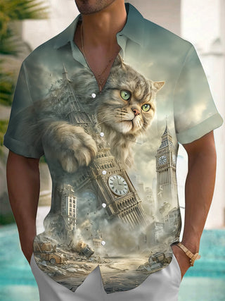 men's short sleeve shirt with Big Ben print front view