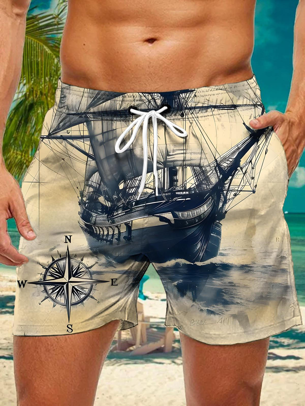 Vintage Nautical Boat Compass Print Men's Print Pocket Shorts