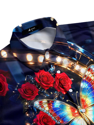 Men's short sleeve floral shirt side view with butterfly rose print
