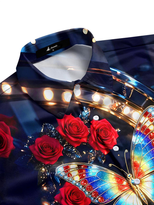 Men's short sleeve floral shirt side view with butterfly rose print