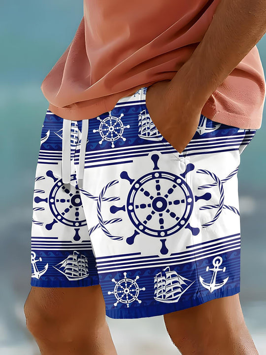 Men's Hawaiian print casual shorts front view for tropical beach vacation
