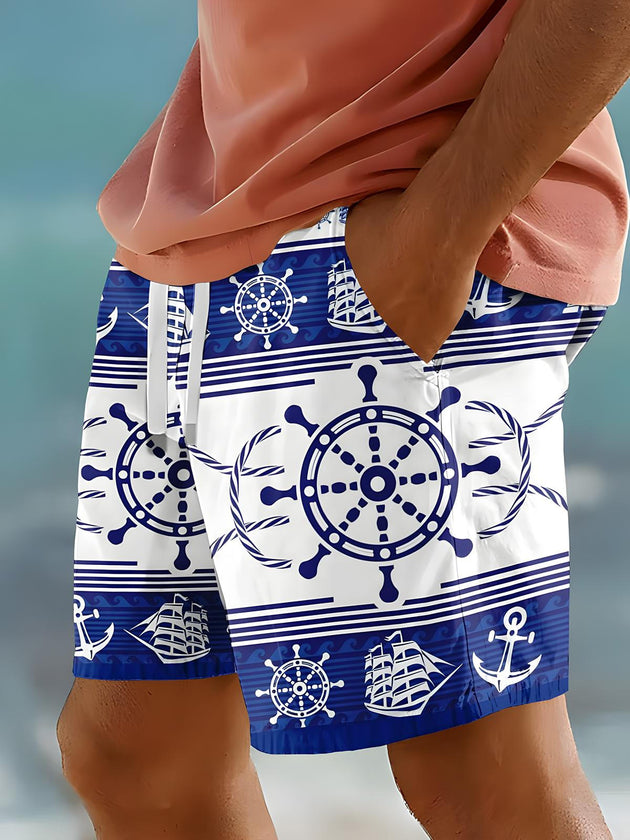Men's Hawaiian print casual shorts front view for tropical beach vacation