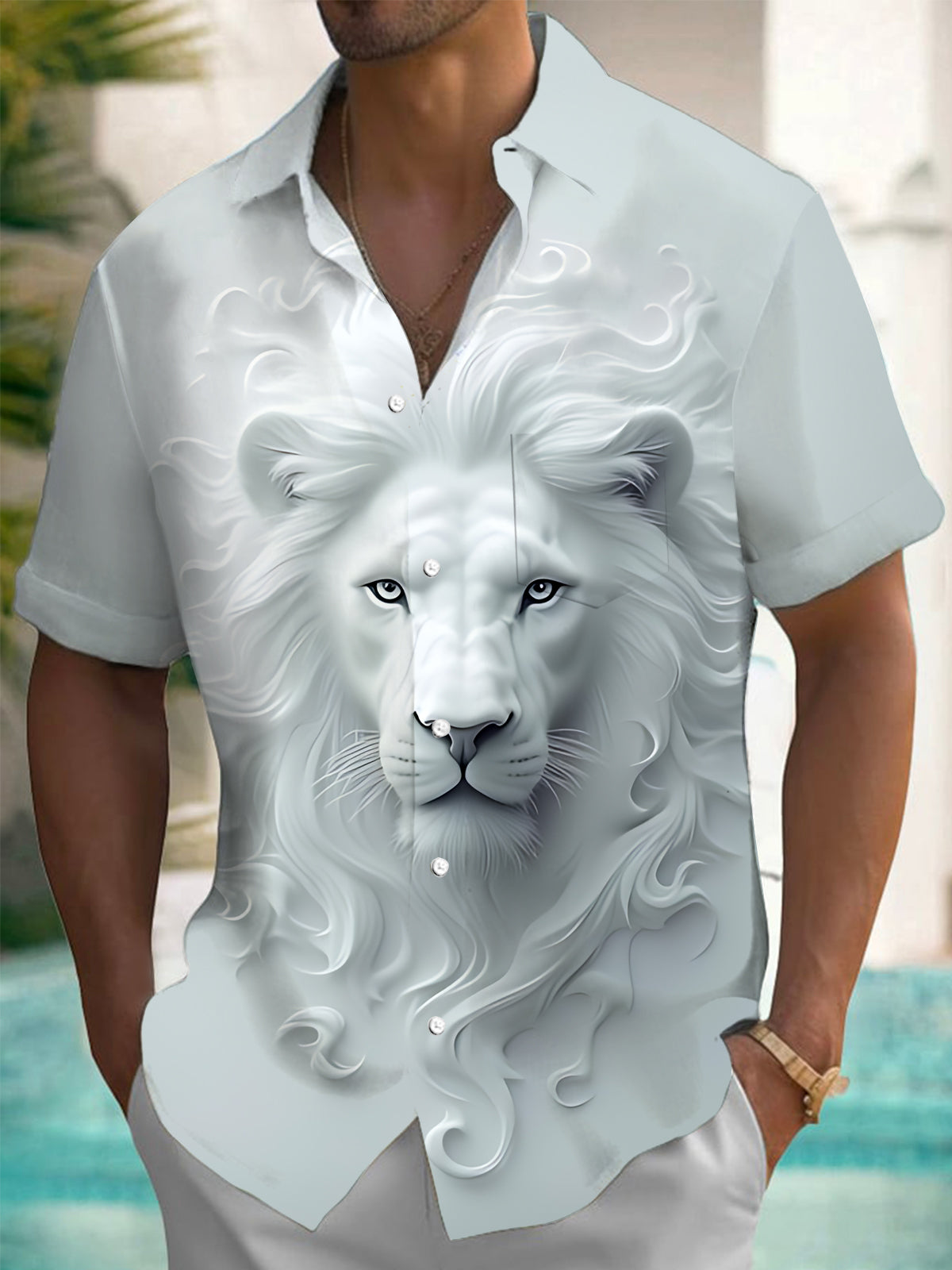 Lion Art Print Men's Pocket Short Sleeve Shirts