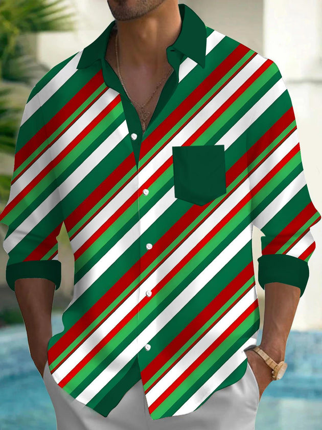 Men's striped pocket long sleeve shirt front view for Christmas holiday party