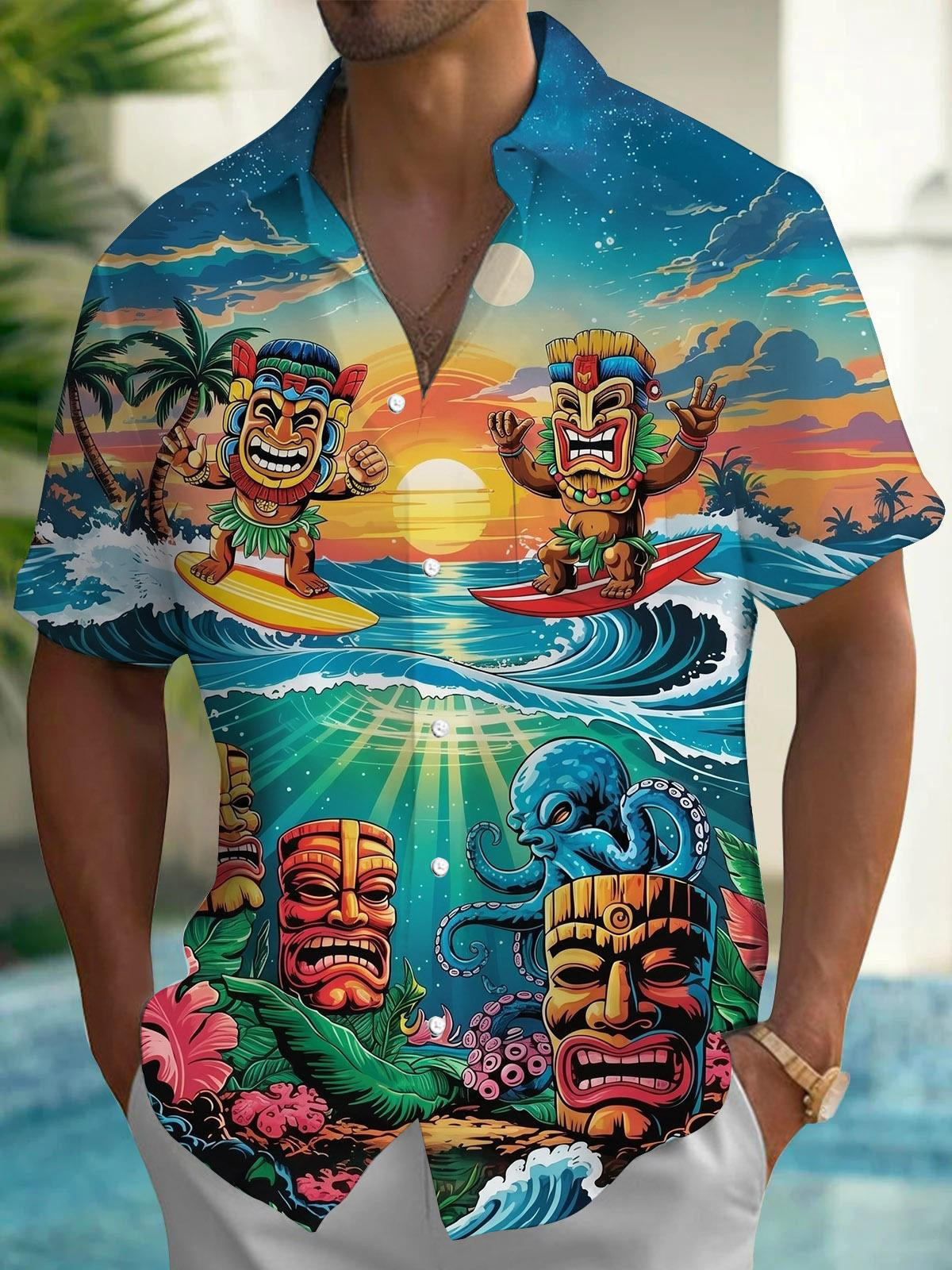 Hawaiian Tiki Print Men's Pocket Short Sleeve Shirts