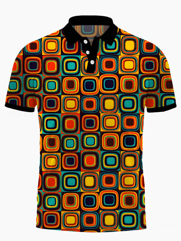 Men's geometric print short sleeve button polo shirt front view