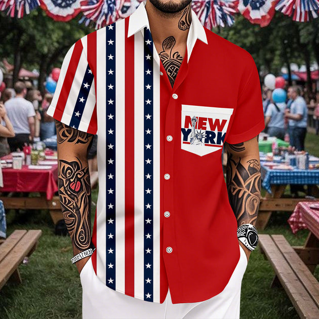 Hawaiian American Flag Shirt Stars and Stripes Patriotic Button Down Shirts Casual Resort Wear for Daily Wear imaginative