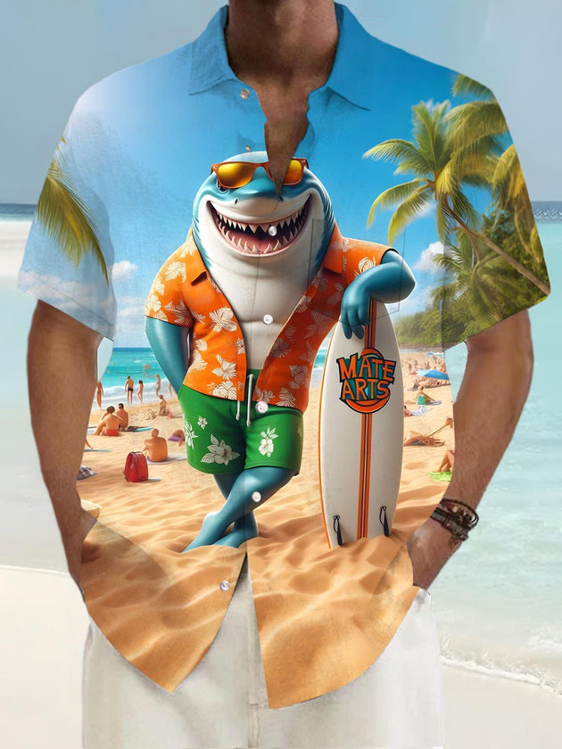 Men's Hawaiian shark print short sleeve shirt front view for beach vacation