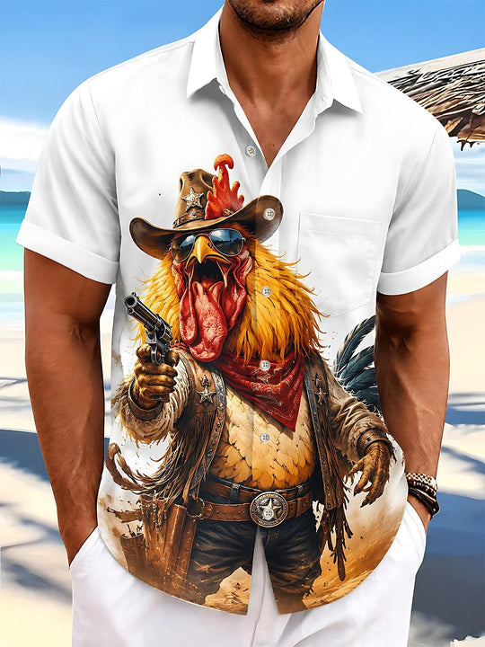 Fun Western Cowboy Rooster Men's Pocket Short Sleeve Shirts