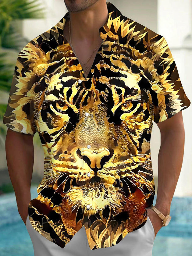 Men's animal tiger print short sleeve shirt front view