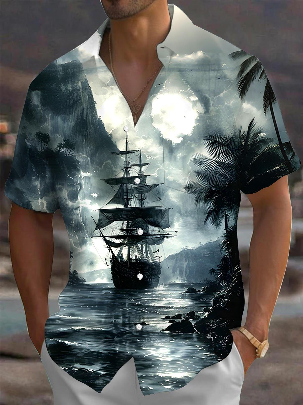 Dark Boat Coconut tree Men's Pocket Short Sleeve Shirts