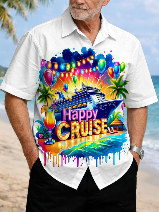 Hawaiian Happy Cruise Vacation Party Men's Pocket Short Sleeve Shirts
