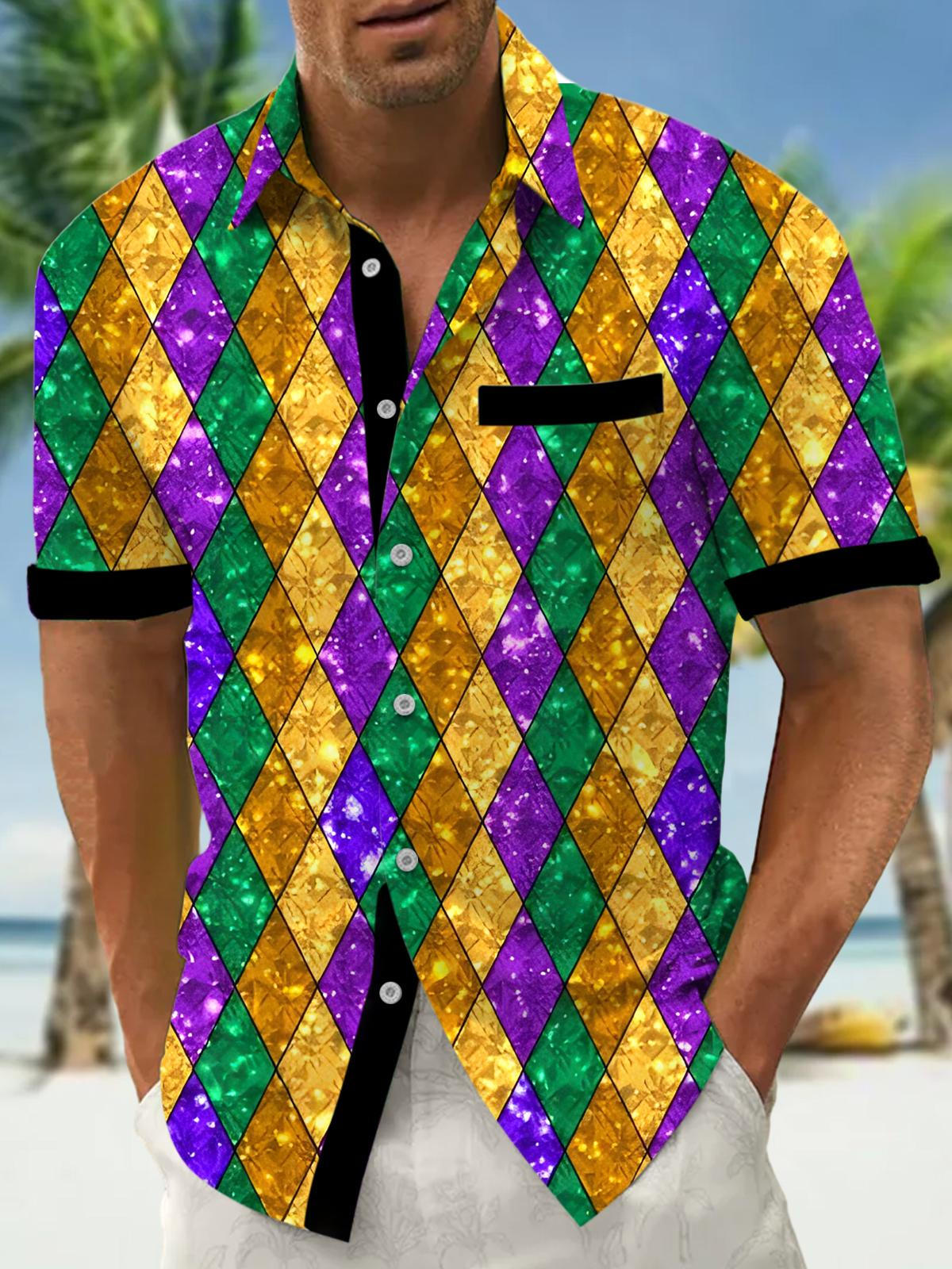 Mardi Gras Geometric Print Men's Pocket Short Sleeve Shirts