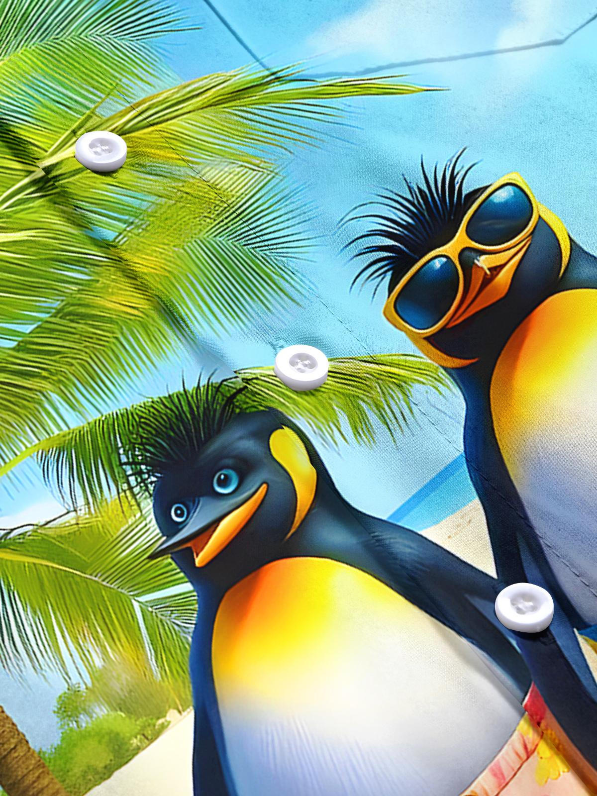Hawaiian Coconut Tree Penguin Couple Men's Pocket Short Sleeve Shirts
