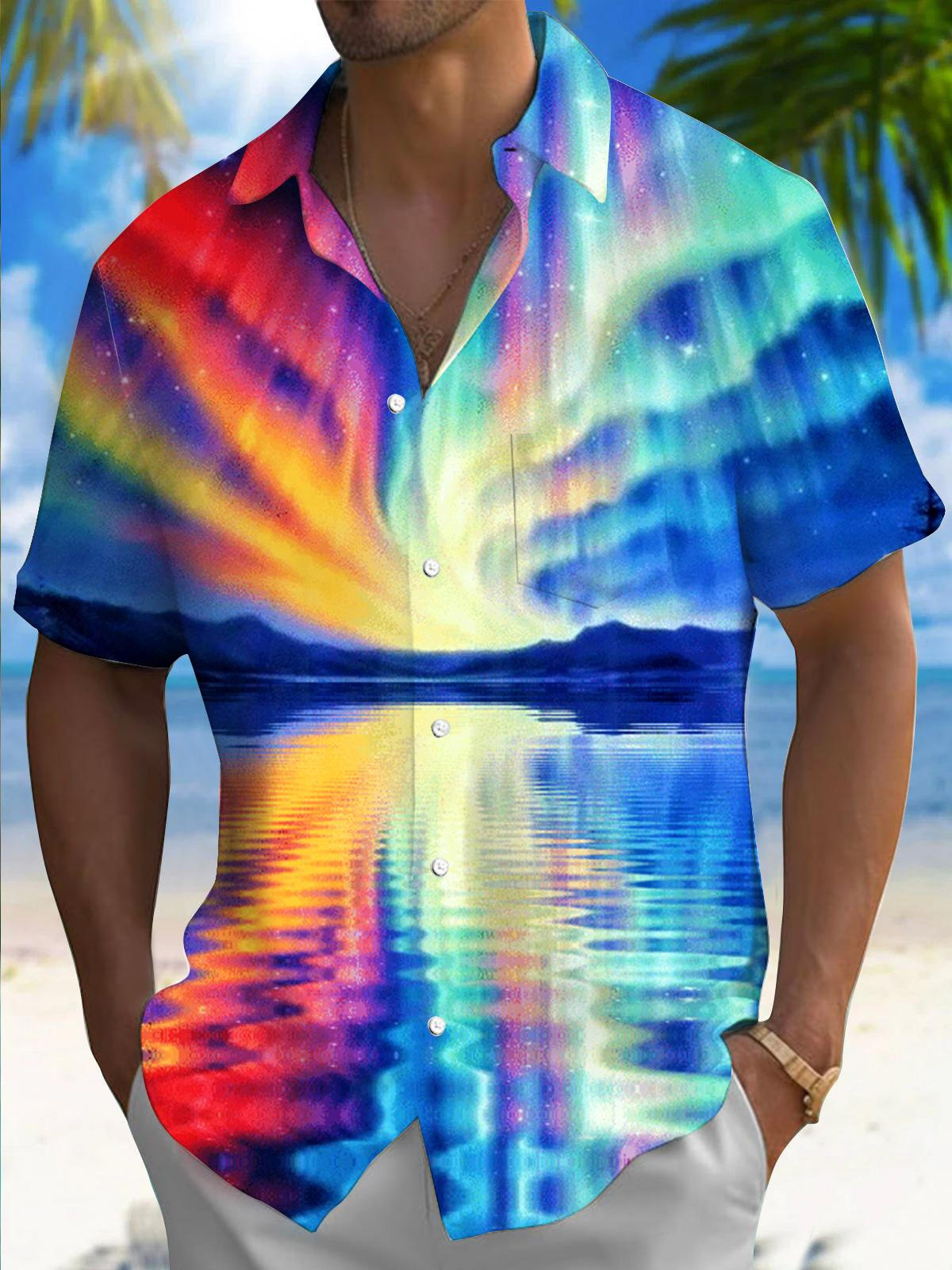 Northern Lights Print Men's Pocket Short Sleeve Shirts