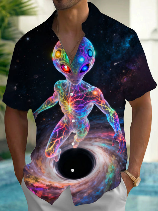 Men's alien print short sleeve shirt front view