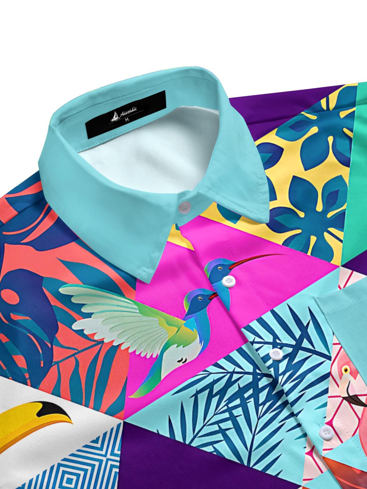Hawaiian Plant Flamingo Parrot Print Men's Pocket Short Sleeve Shirts