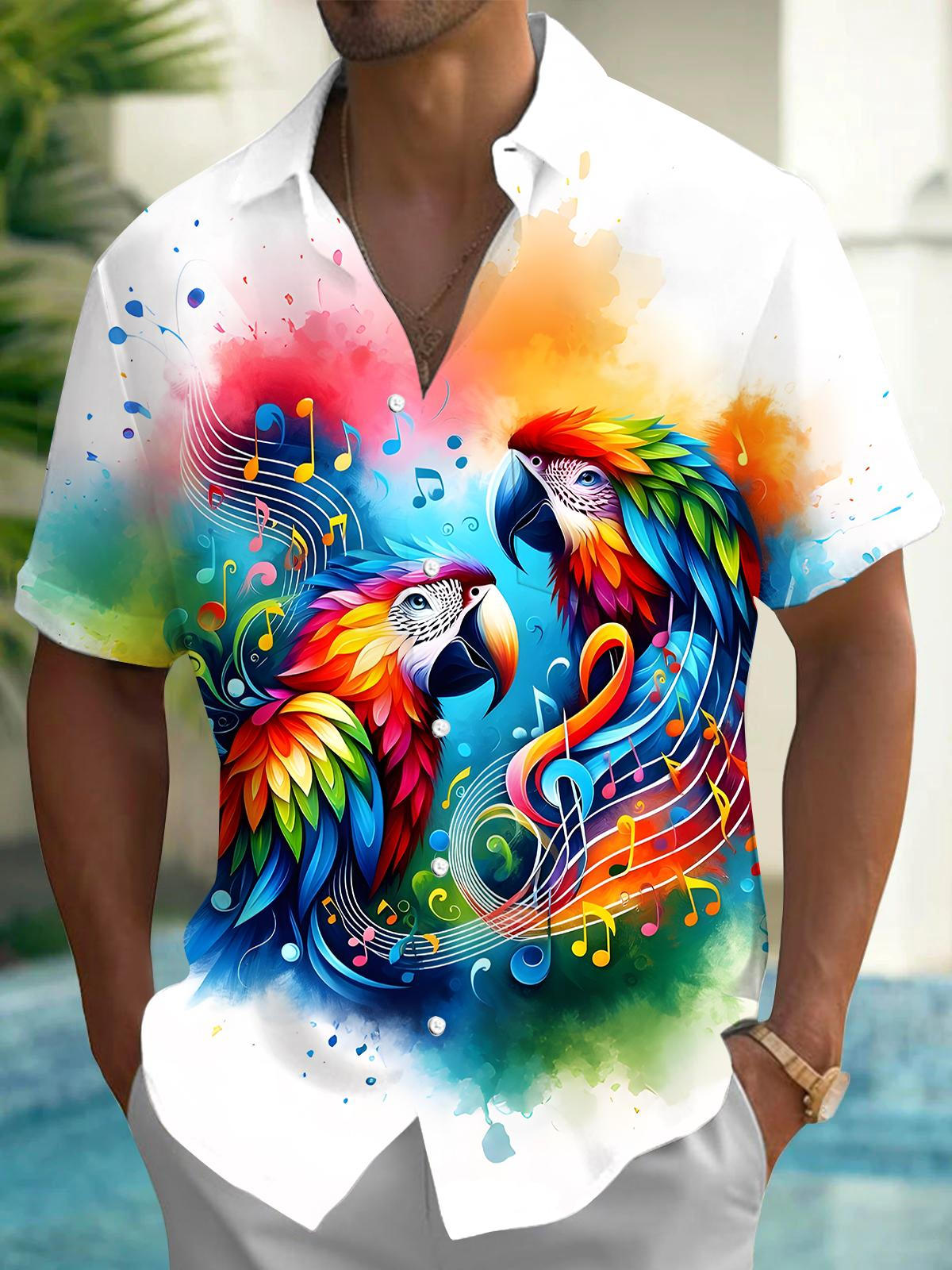 Parrot Musical Note Men's Pocket Short Sleeve Shirts
