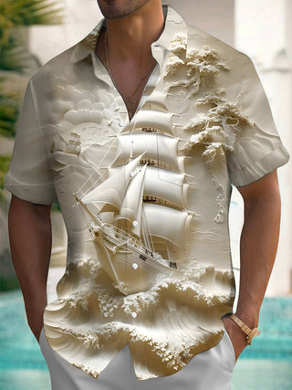 men's boat art print short sleeve shirt front view