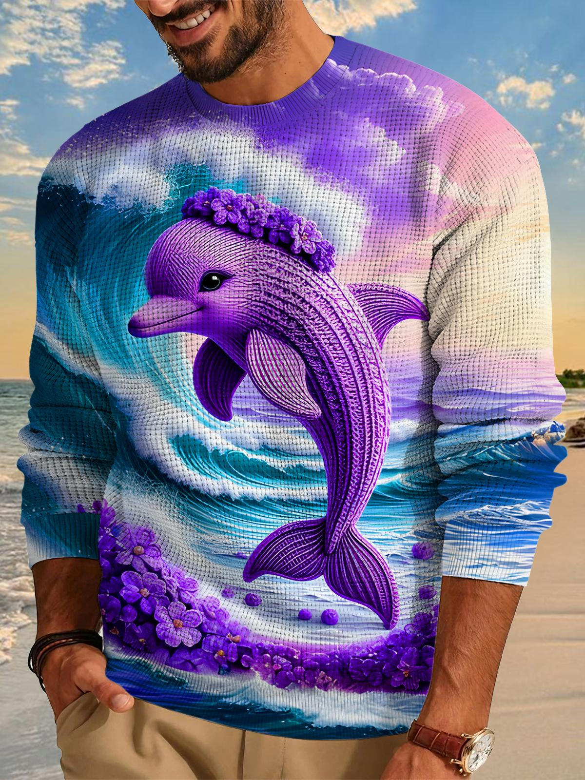 Dolphin Floral Waves Men's Long Sleeve Round Neck Tops