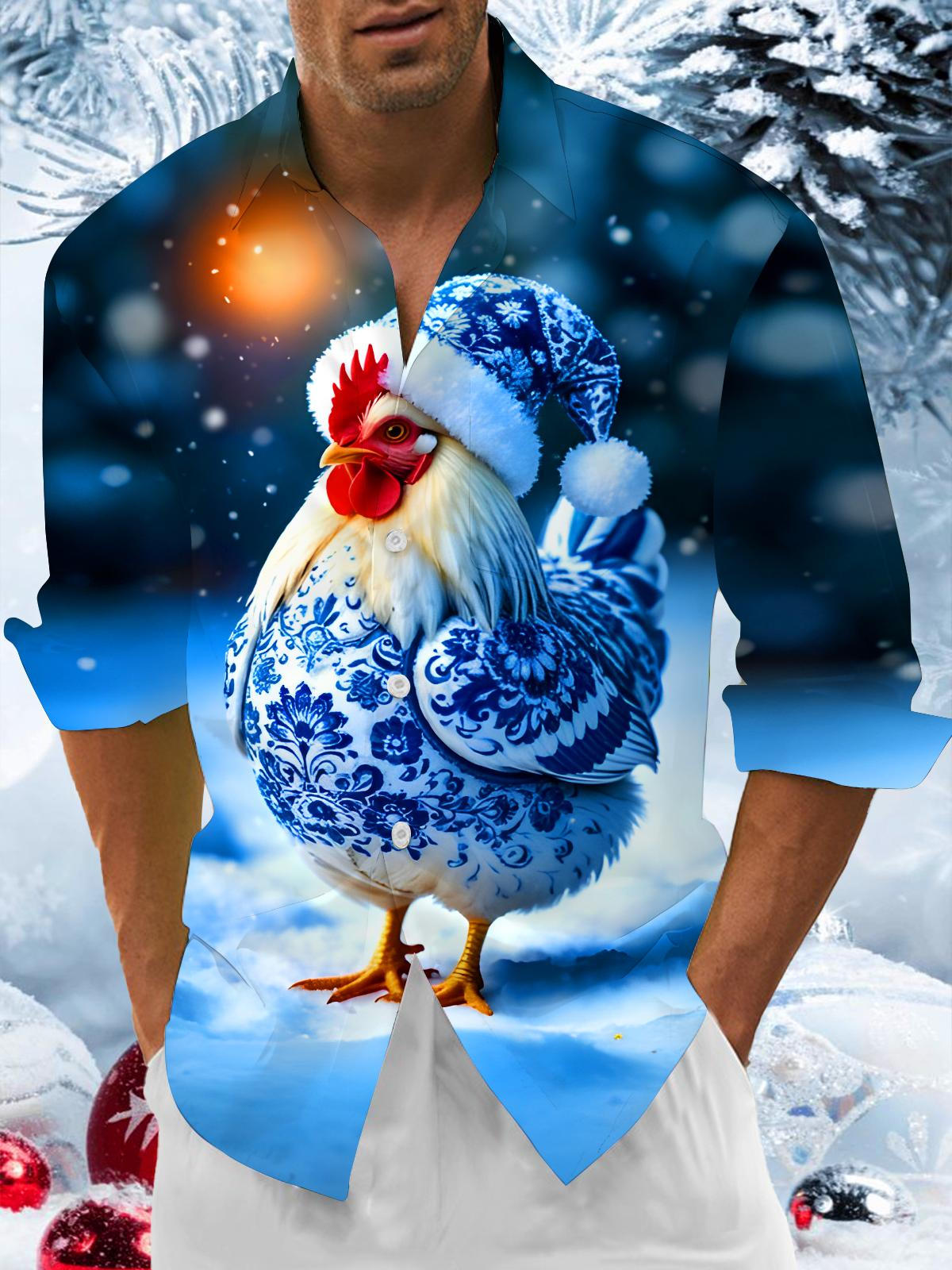 Funny Winter Rooster Men's Pocket Long Sleeve Shirts