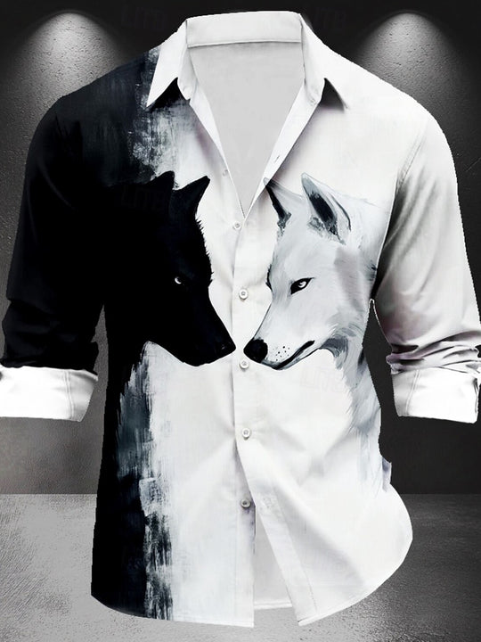 men's black and white wolf print long sleeve shirt front view