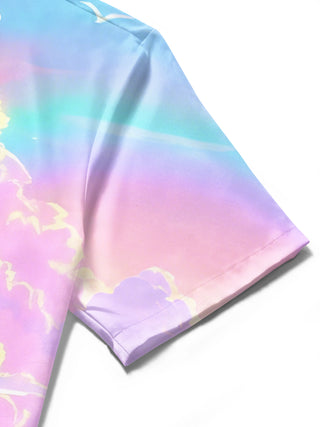 Men's Hawaiian ocean print short sleeve shirt close-up showcasing coconut tree and rainbow pattern detail