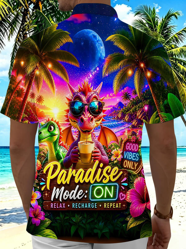 Vacation Tropical Dinosaur Party Hawaiian Men's Pocket Short Sleeve Shirts