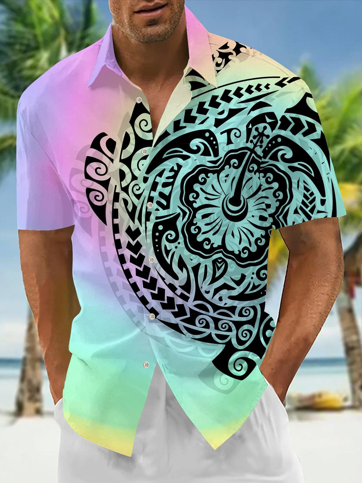 Hawaiian Gradient Turtle Print Men's Pocket Short Sleeve Shirts