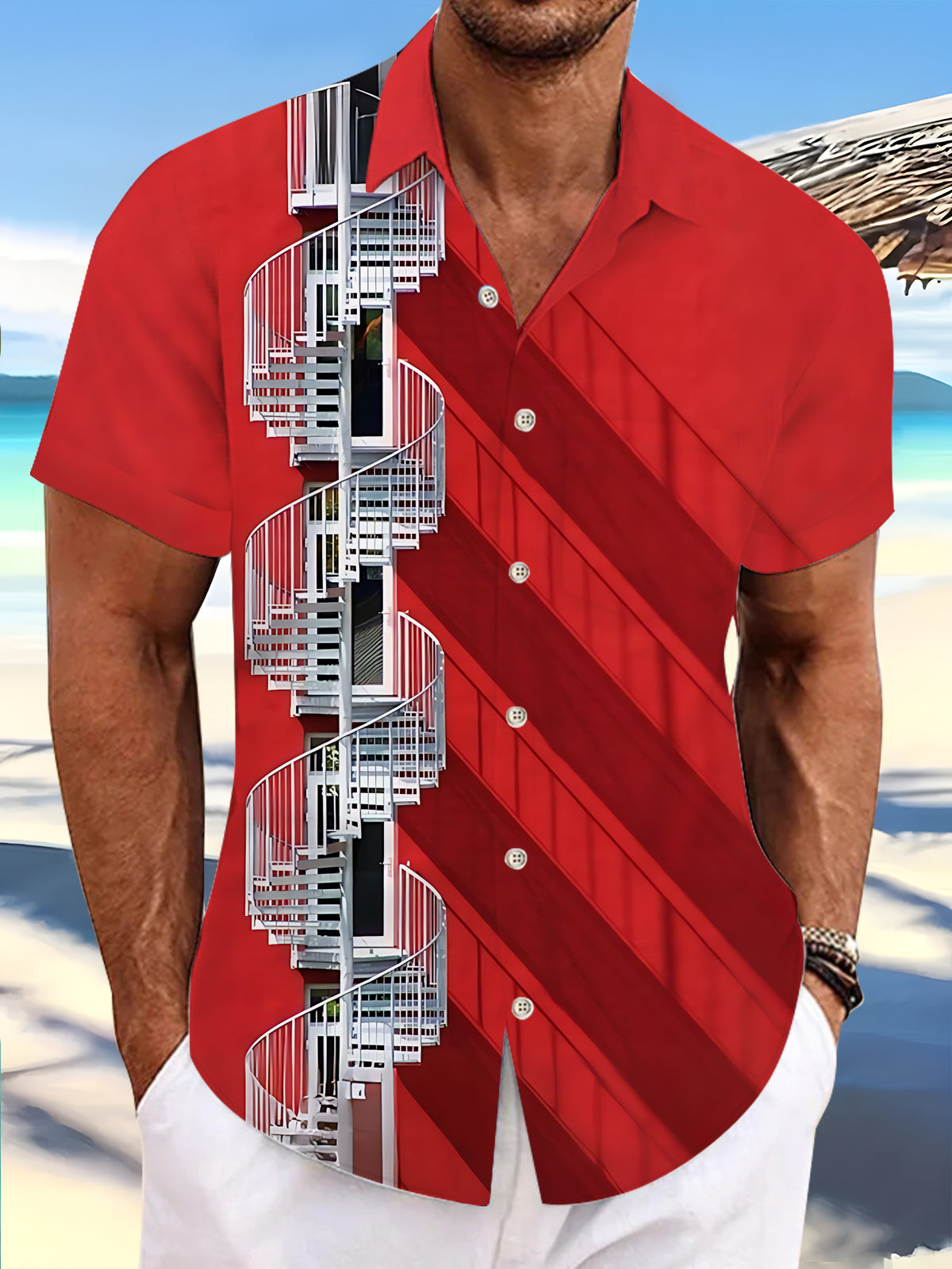 Stairway Print Men's Pocket Short Sleeve Shirts