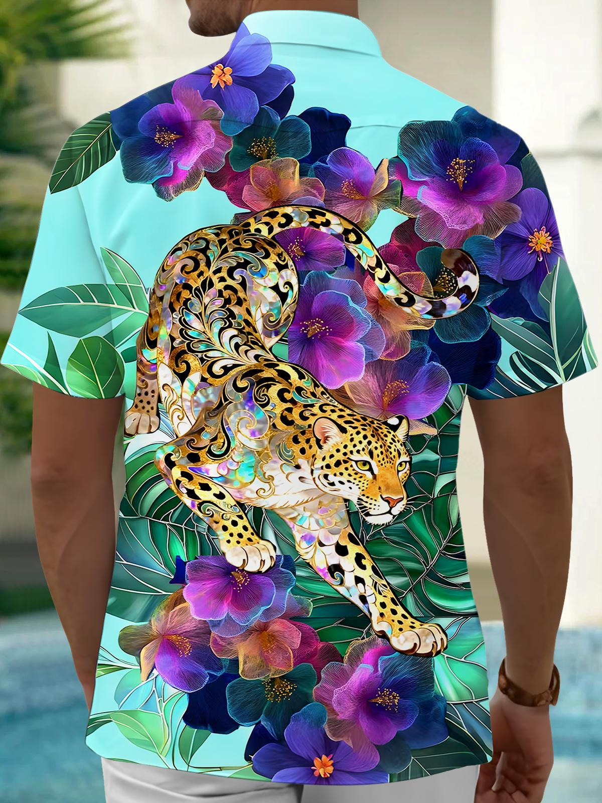 Hawaiian Cheetah Floral Men's Pocket Short Sleeve Shirts