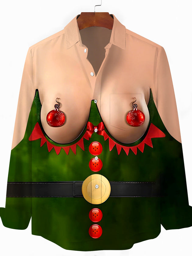 Men's Funny Christmas Pocket Print Long Sleeve Shirt Front View for Holiday Party