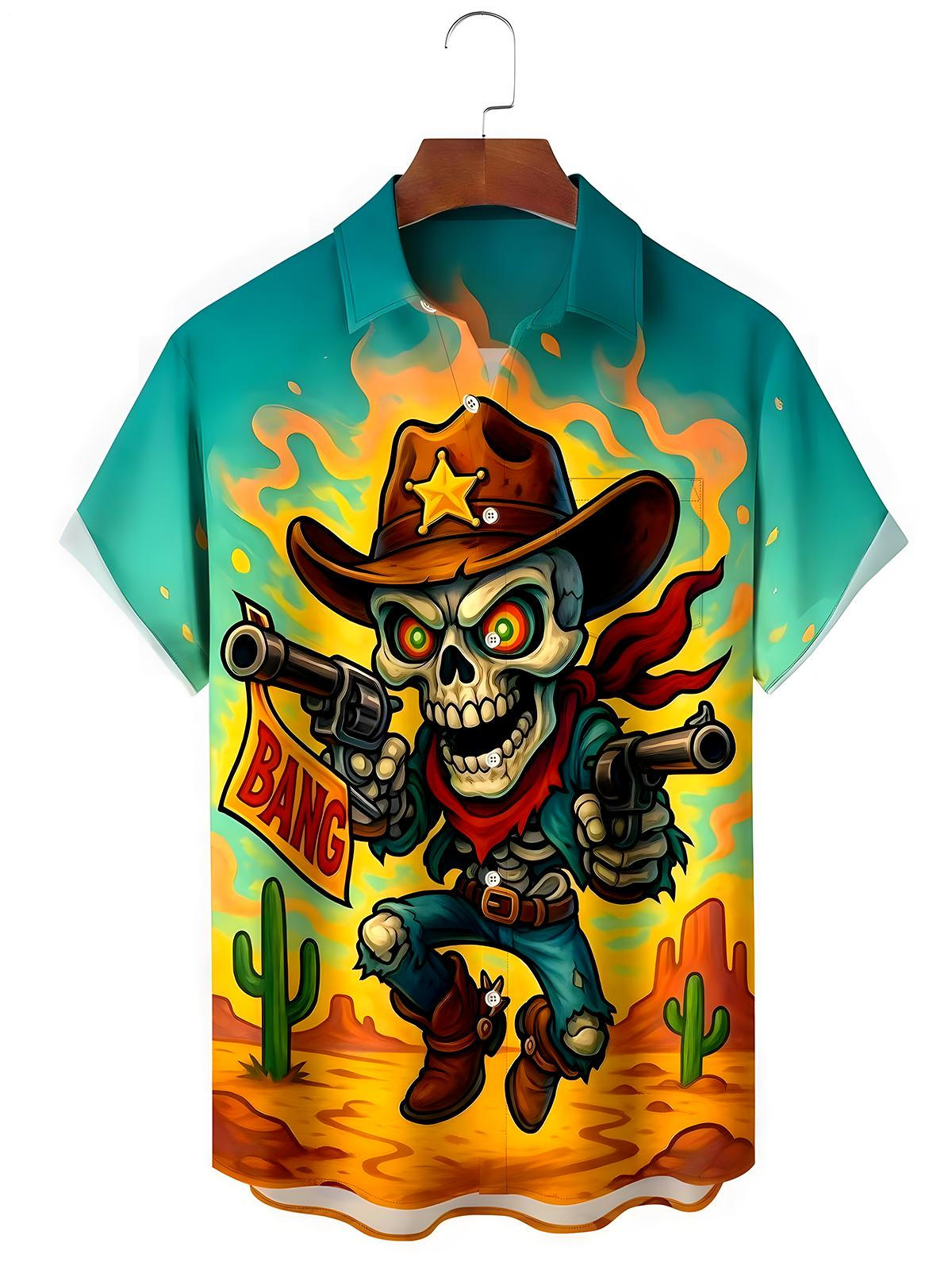 Western Skull Cowboy Men's Pocket Short Sleeve Shirts
