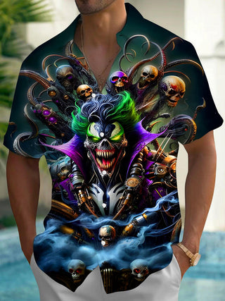 Men's black abstract skull print short sleeve shirt front view