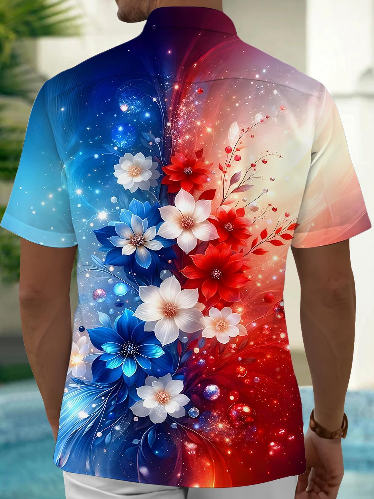 Men's American flag print floral short sleeve shirt back view
