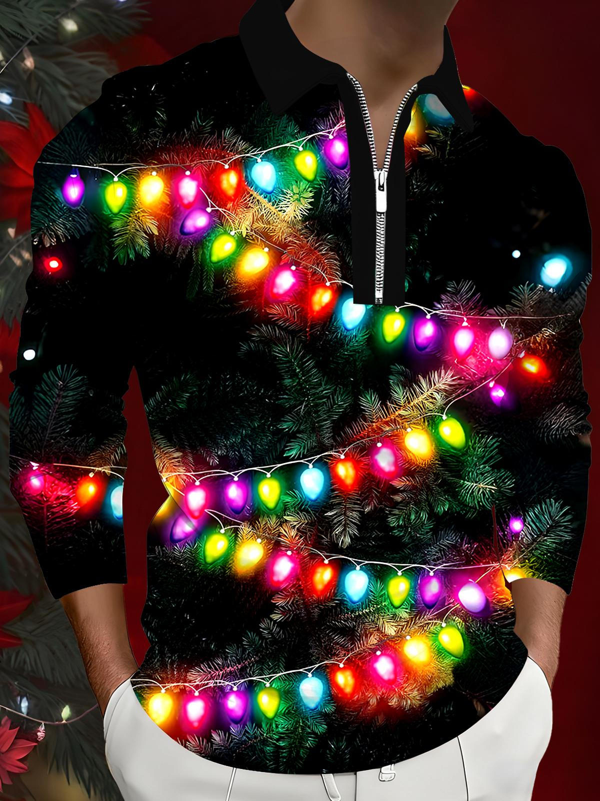Christmas Light String Men's Long Sleeve Zipper Polo